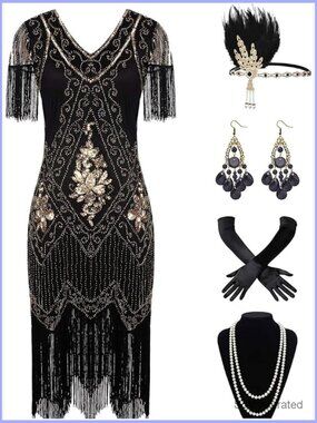 Plus Size 1920s Flapper Fringed Sequin Cocktail Dress with Accessories